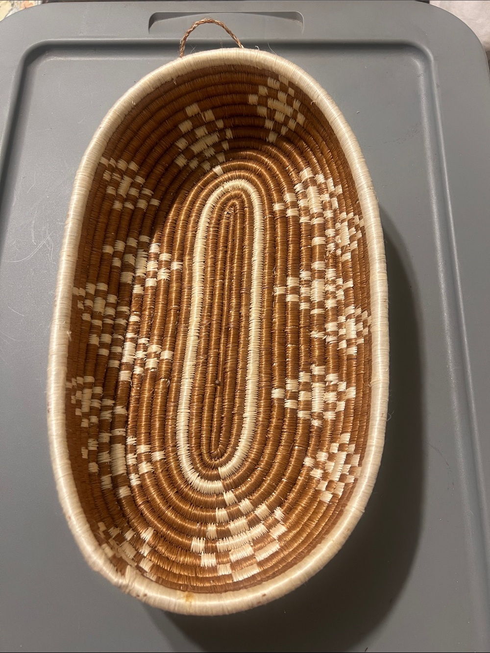 Handwoven Oval Decorative Basket - Natural Brown & Cream Ethnic Like New!